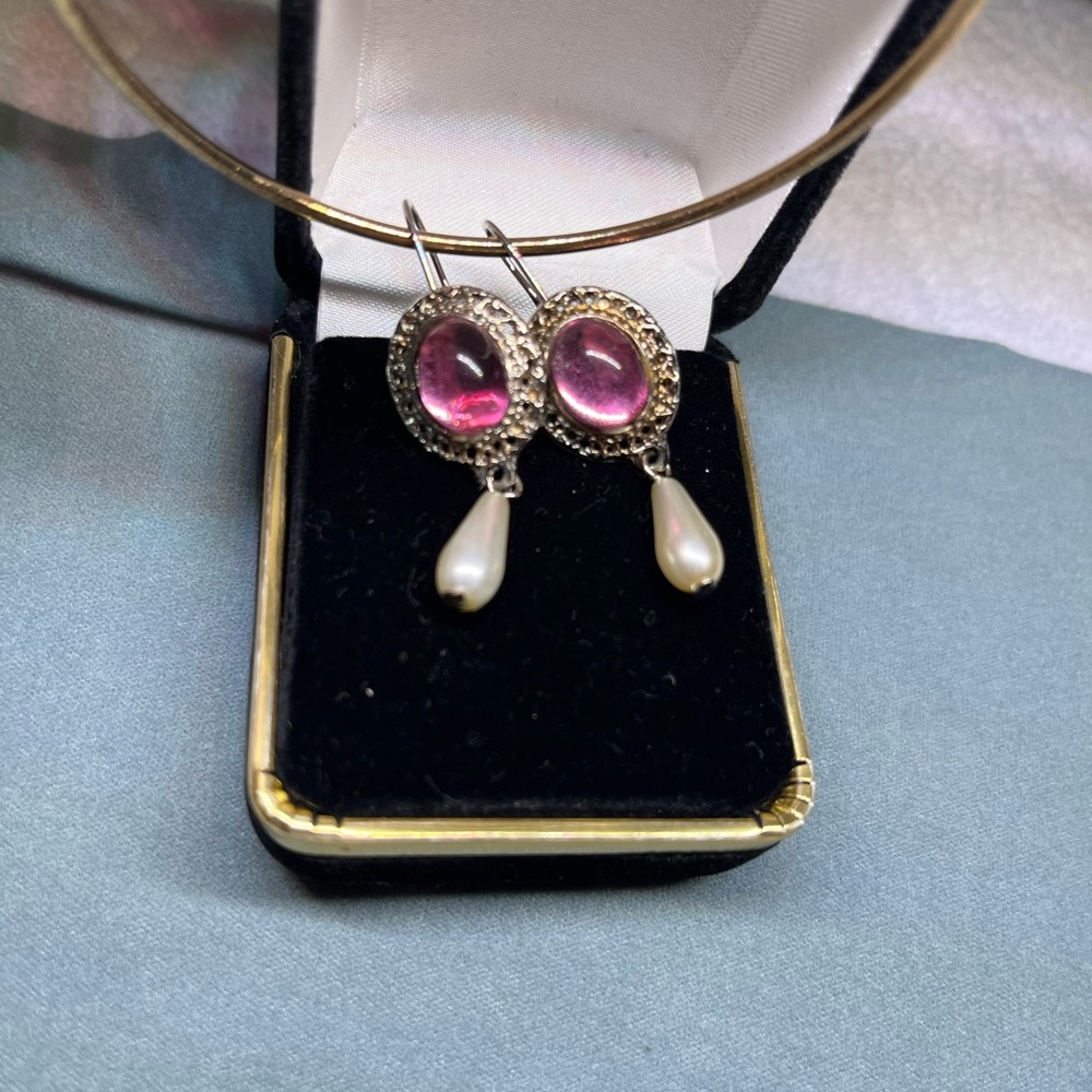 Vintage Pink Gemstone Drop Earrings with Pearl Accent